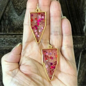 Pink Red Hearts Love Handmade Resin Glitter Gold Tone Drop Earrings New NWT